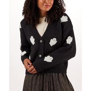 Uncharted Threads Womens Black Ghosts Patch Crop Button Up Cardigan Size XL NWT